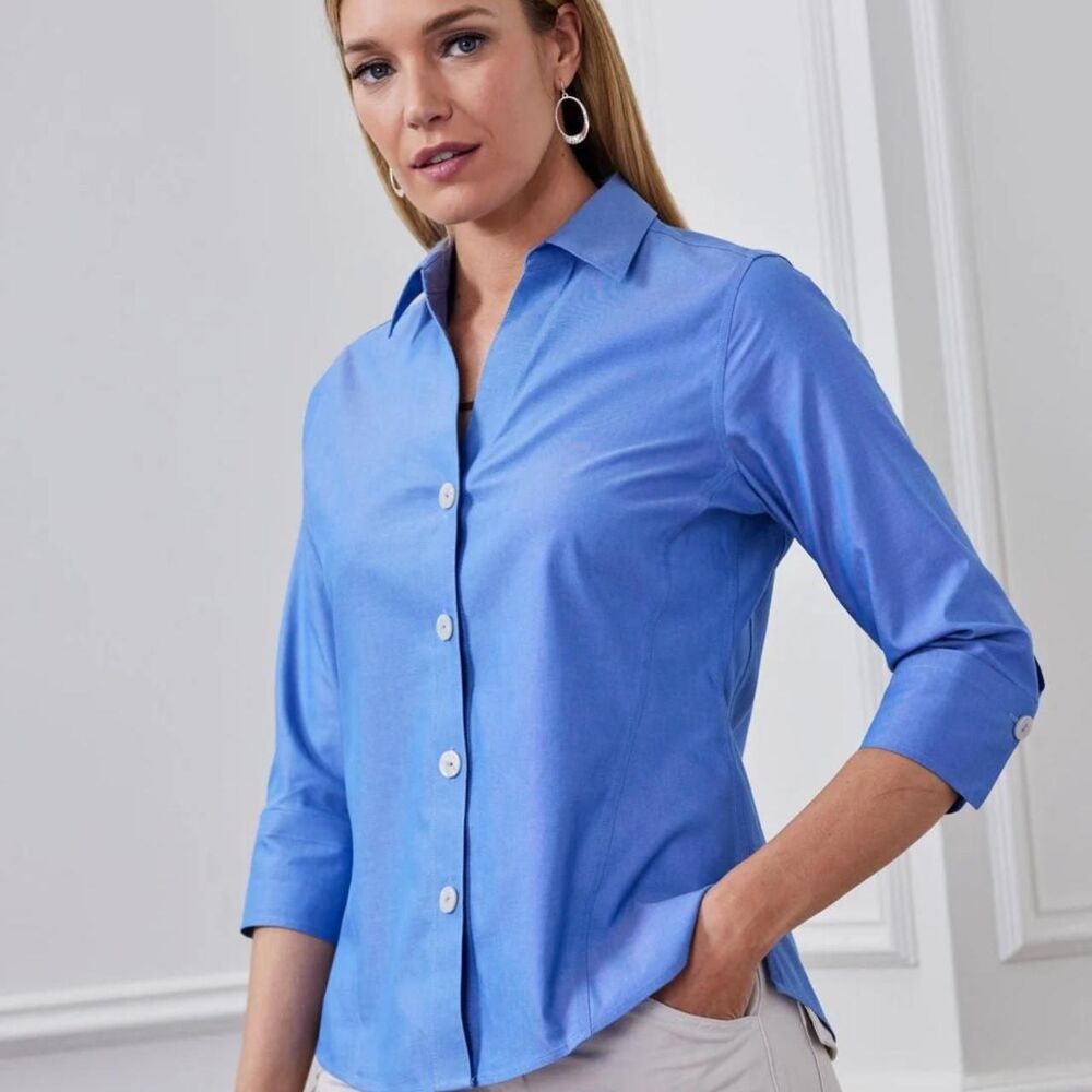 Foxcroft baby blue non iron $108 button up shirt Size S